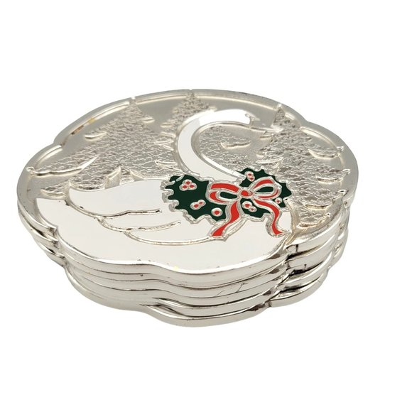 Swan Silver Plated Enamel Coasters 1987 Wm A Rogers Set of 6 Oneida Holliday - Picture 4 of 10